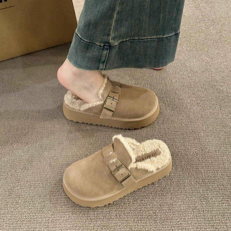 Cowhide version! Thick-soled snow boots increase the height of the bag head and half-drag women's autumn and winter new warm and thickened plush B