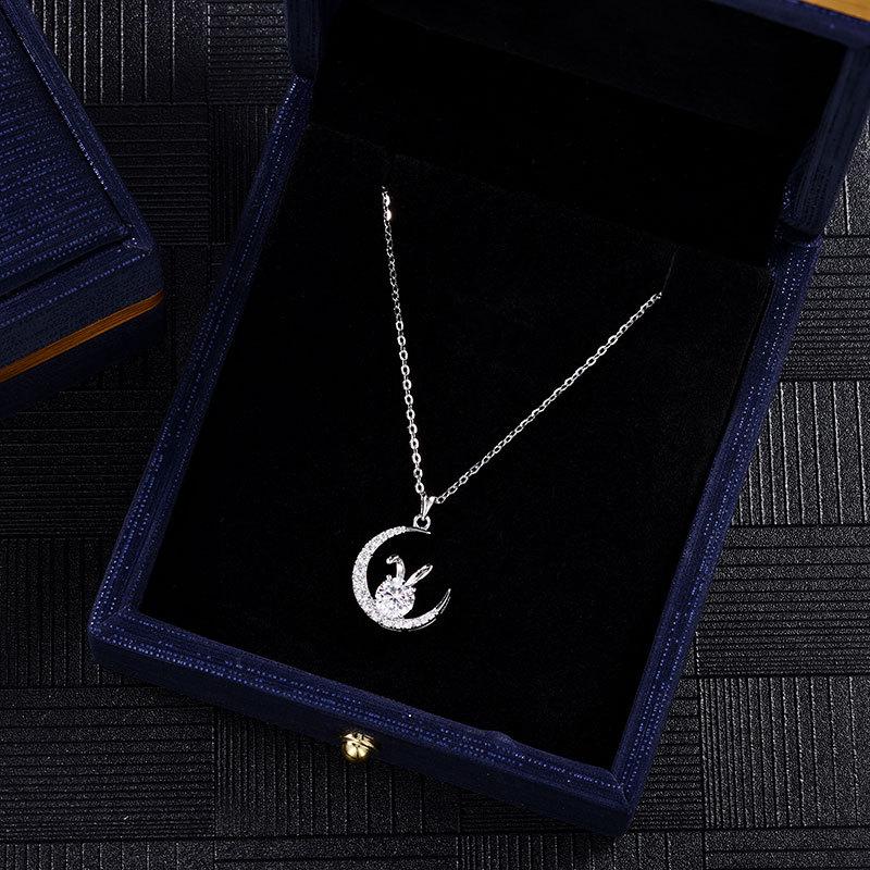 Women's Light Luxury S925 Silver Necklace with Pink Moissanite Rabbit Pendant - Jade Rabbit Zodiac Design