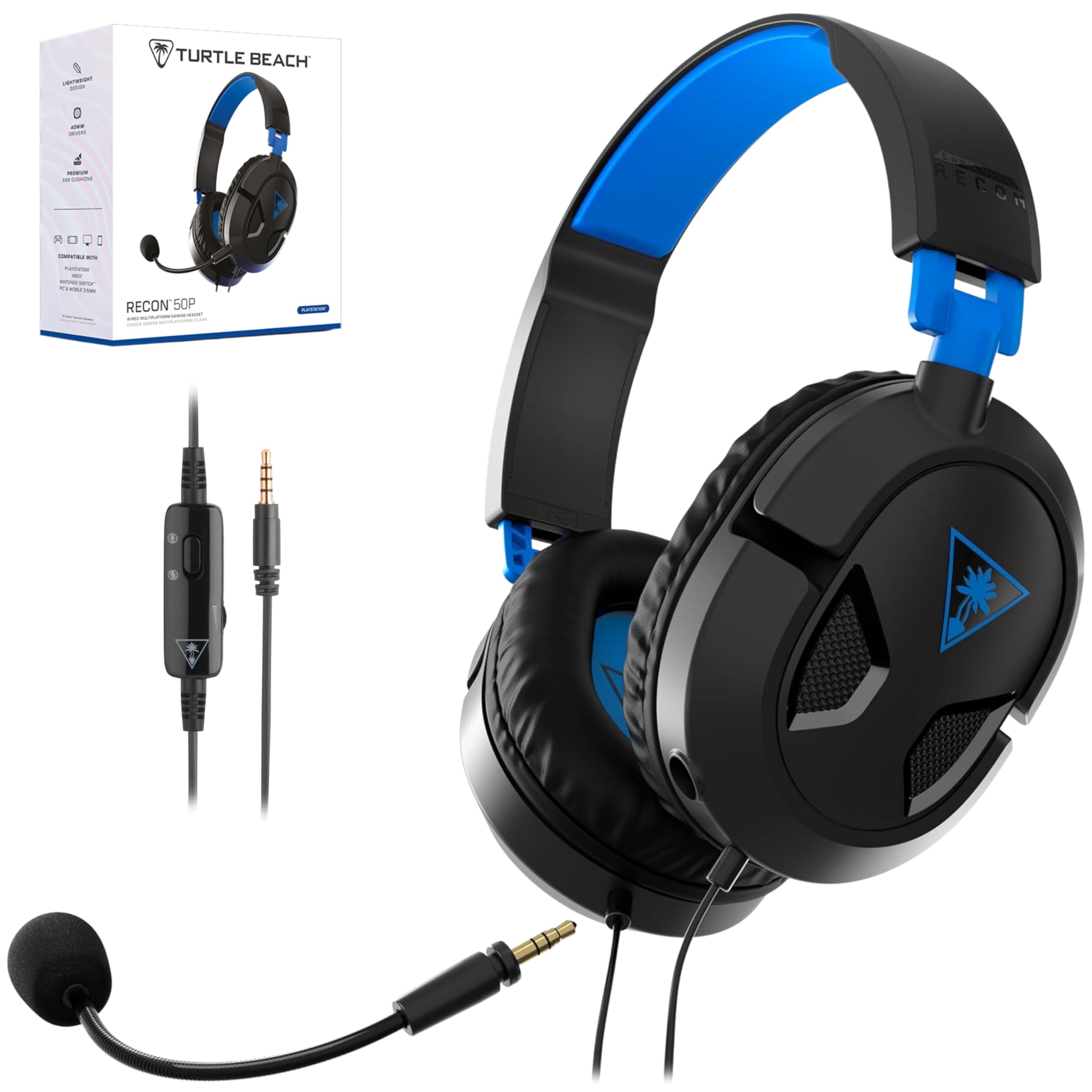 

TURTLE BEACH Recon 50 Gaming Headset in Black and Blue, Ultra-Lightweight (210g), Multi-Platform, Wired Headphones with Mic, 3.5mm Headphone Jack, Com
