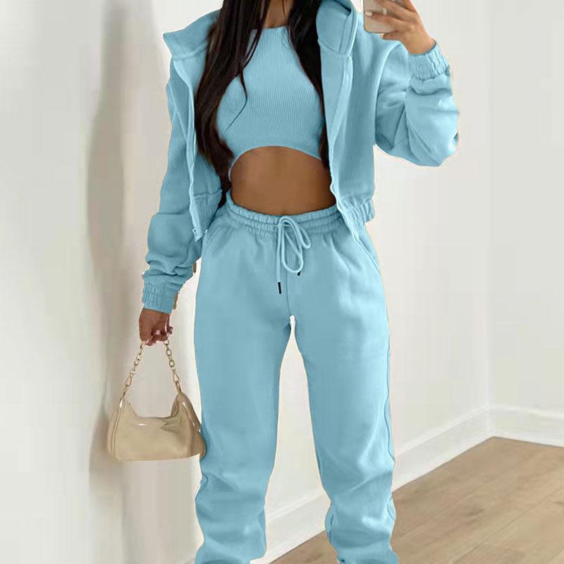 Women's Solid Color Three-Piece Set: Hooded Sweatshirt & Long Pants - Casual, Elegant Commute.