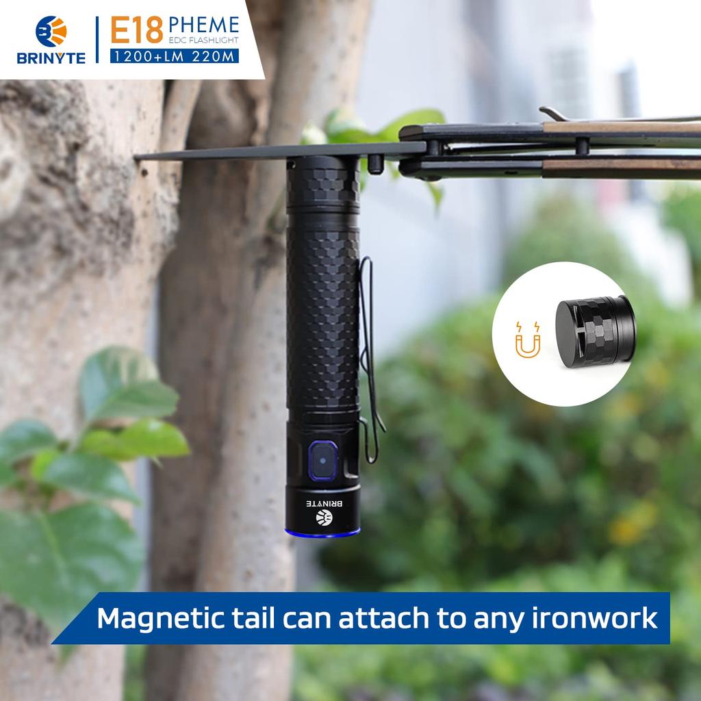 Brinyte E18 Rechargeable LED Flashlight with Maximum 1200 Lumens Compact and Bright EDC Pocket Light with IP68 Adhesive Tail High Fast and Mounting