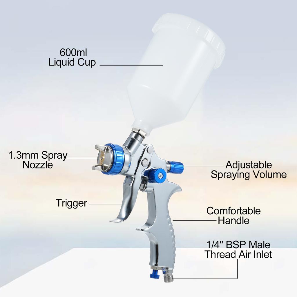 Low Volume Low Pressure Spray Gravity Feed Sprayer with 1.3mm Nozzle 600 Cup for Car Furniture Fence Painting