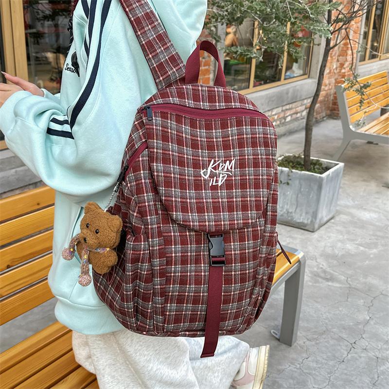 Vintage Plaid Backpack College Style Junior High School Student Schoolbag