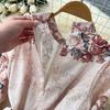 Women's Vintage Floral Print Long Maxi Dress Spring Stand Collar Long-Sleeve Single-breasted Fitted A-Line Dress