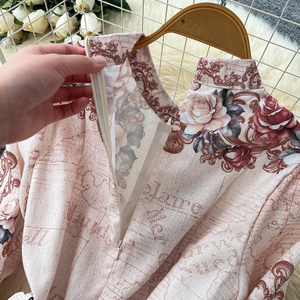 Women's Vintage Floral Print Long Maxi Dress Spring Stand Collar Long-Sleeve Single-breasted Fitted A-Line Dress