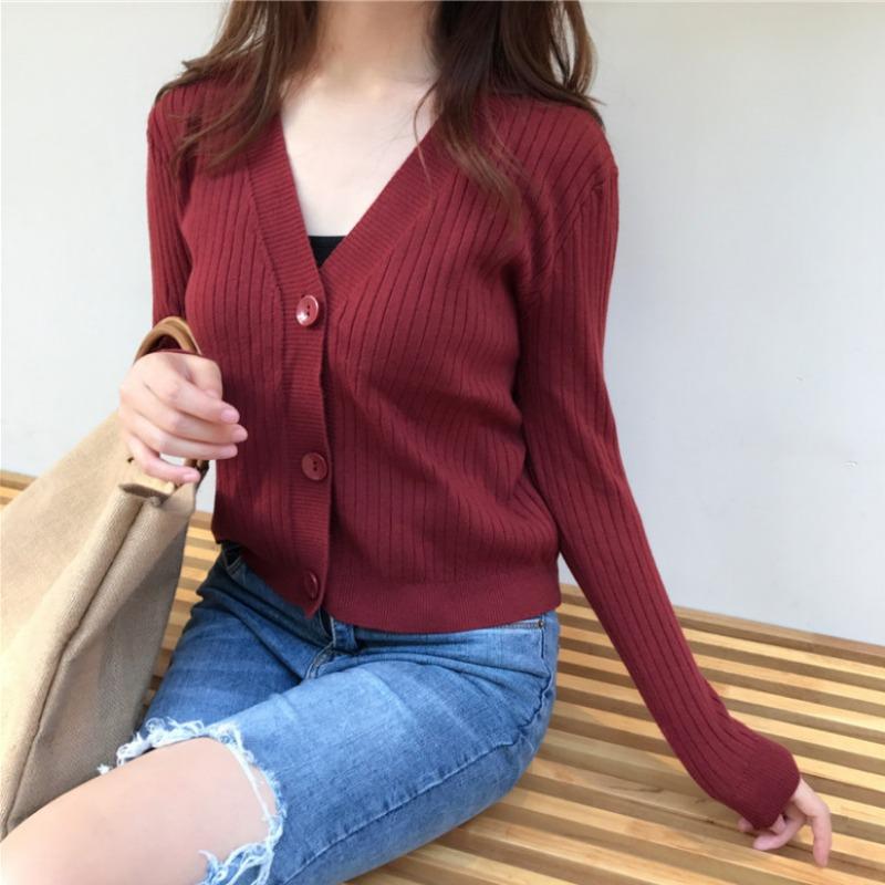 V-neck knitted cardigan autumn new retro versatile sweater with long-sleeved short coat for women