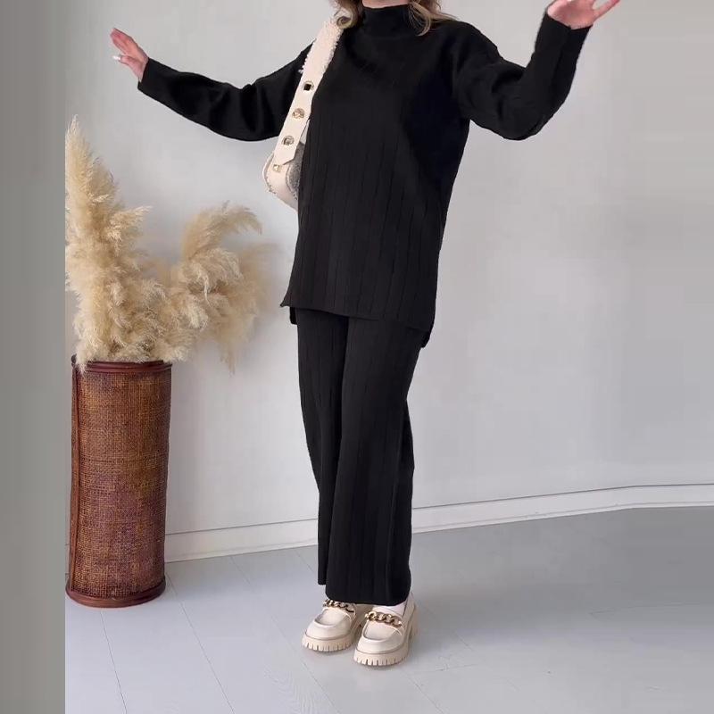 2023 Autumn European & American Solid Color Casual Loose Round Neck Sweater Set