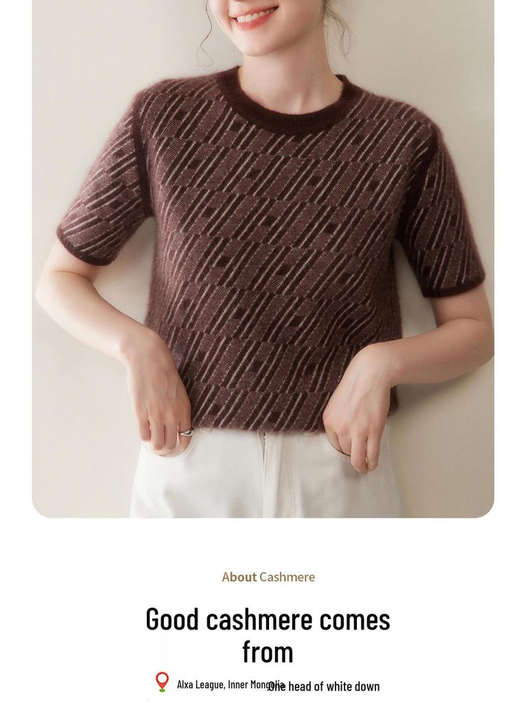 Women's Round Neck Herringbone Cashmere Sweater - Color Block, Short Sleeve, Loose Fit, Elegant Autumn/Winter Style.