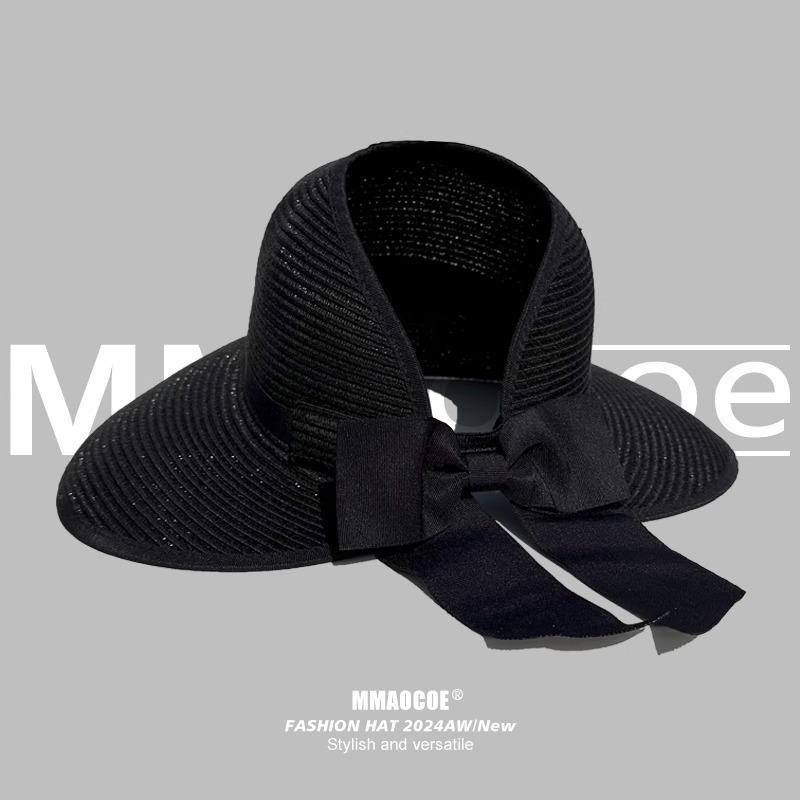 

Empty Top Straw Hat for Summer Outings, Beach Shading, Sun Protection, Foldable Fashionable Bow Shaped Sun Hat чорний