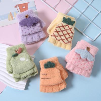 Children's Cute Cartoon Flip Gloves with Velvet Lining for Warmth and Cold Protection - Perfect for Writing In Autumn and Winter