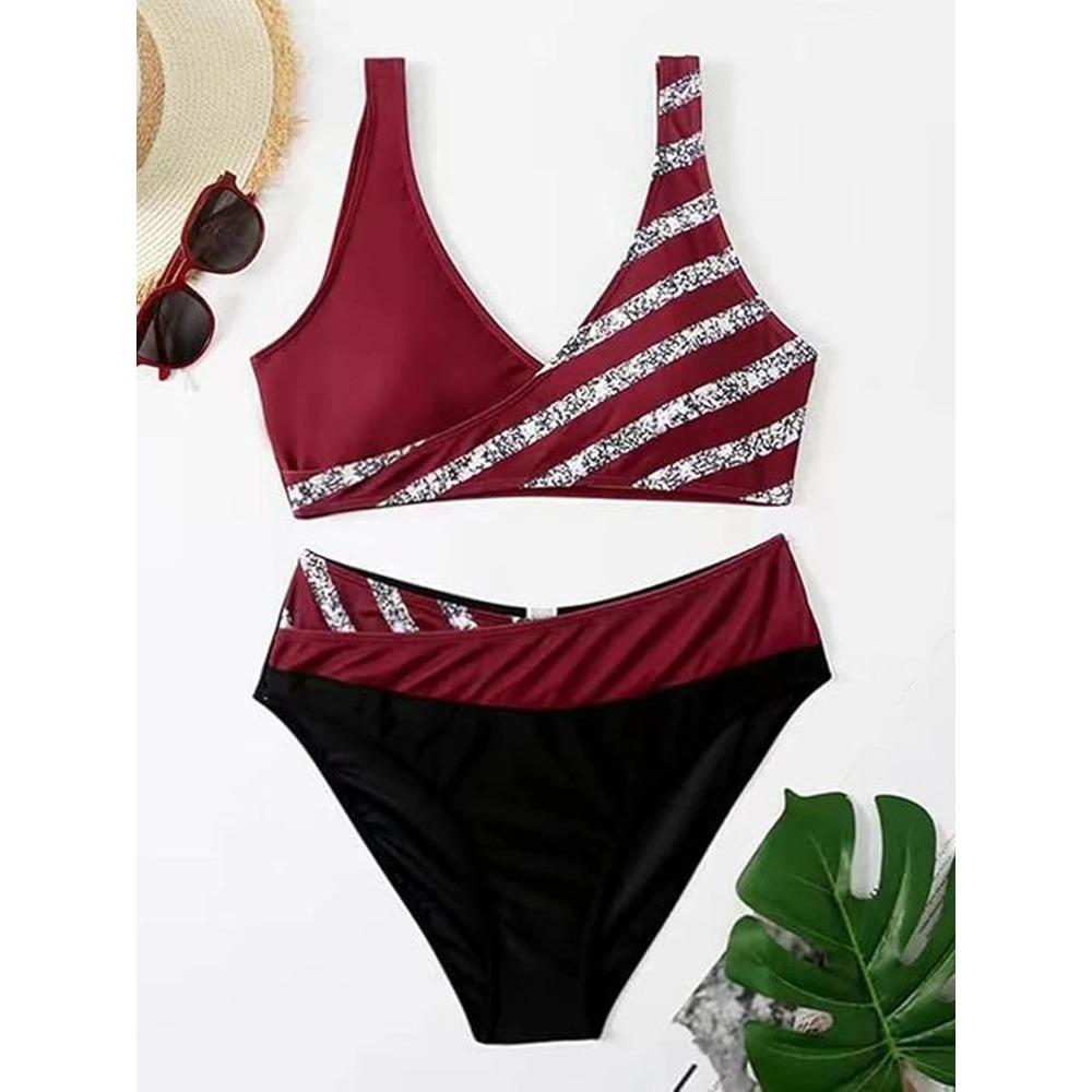 Bikini set s V výstřihem 2026 Dámský pruhovaný patchworkový plavecký úbor Letní plážové oblečení Plavky Ženské plavky Koupací plavky 3XL
