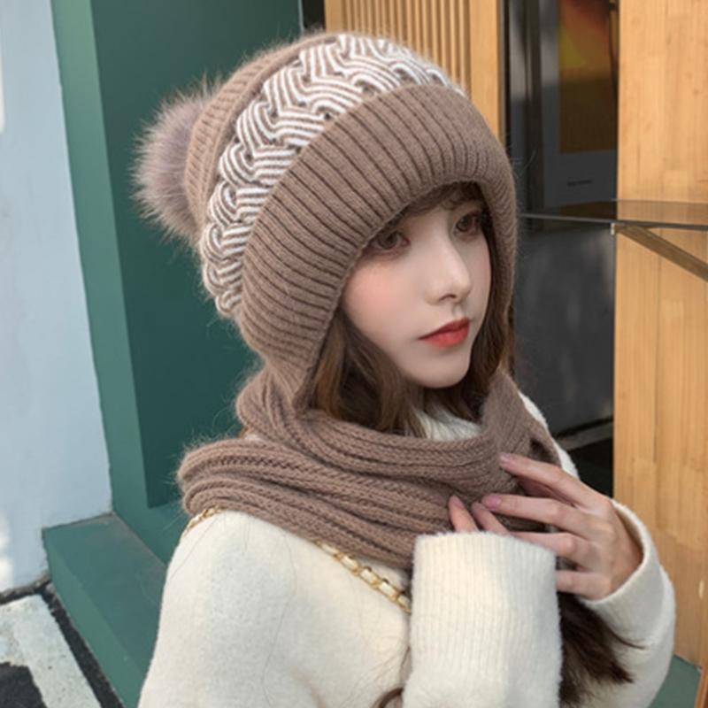 Korean Style Hat Scarf Set Women Winter Warm Cycling Ear for Protection Windproof Knitted Wool Pullover Cap Scarf for Wo