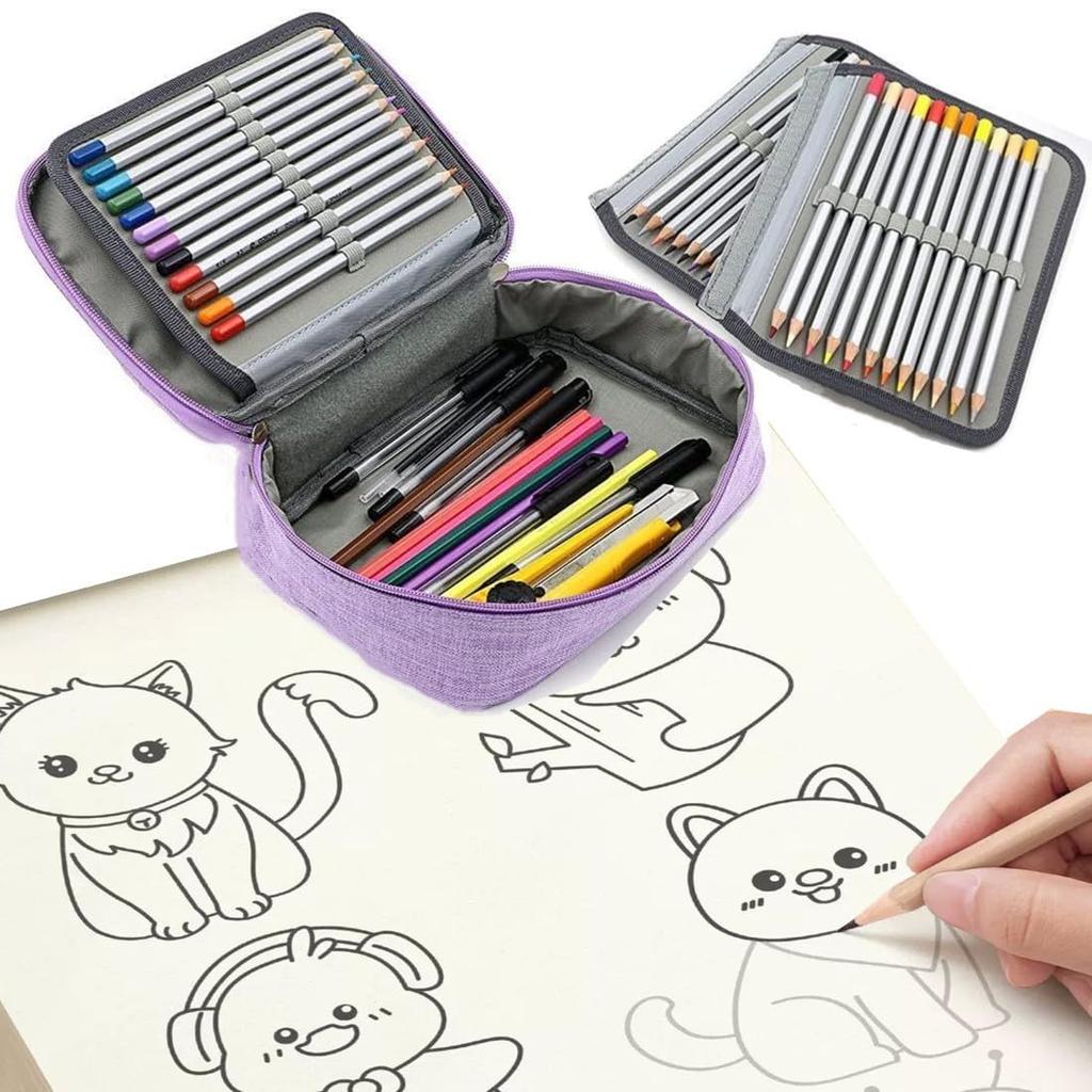 Large Capacity Pencil Pen Triple 72 Pencil Stationery Makeup Colored Art Brush Art Supplies Small Item Storage Art Business Purple Case, 3-story,