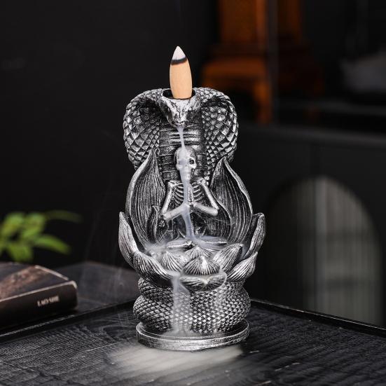 Skull Snake Incense Burner Holder Backflow Waterfall Cone Incense Holder Zen Skeleton Incense Burner for Home Bedroom Yoga Aromatherapy Relaxation