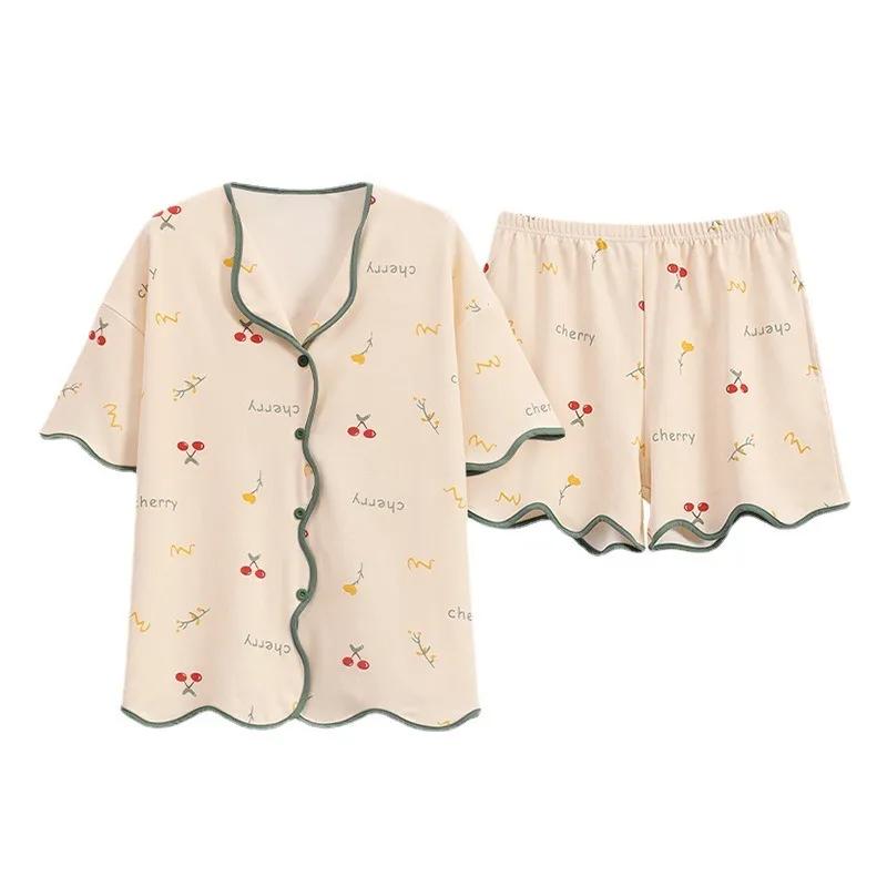 Pajamas Female Summer Cartoon Young Ladies Students Cardigan Short-Sleeved Shorts Thin Section Homewear Two-Piece Suit
