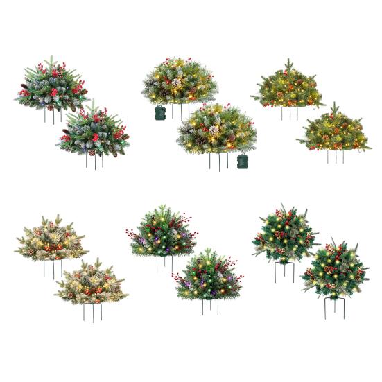 Pre-lit Christmas Tree Urn Filler Battery Operated Artificial Xmas Tree with Cones Berries Holiday Porch Planter Filler with Tripod Stake And LED