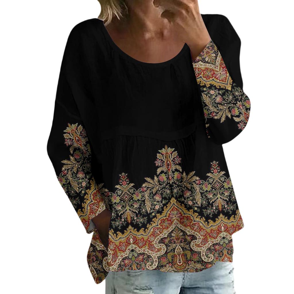 Damen Casual Mode Locker Rundhals Blumenmuster Langarm Oberteil