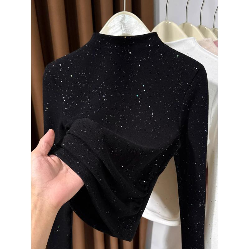Ribbed Plush Sequined Half-High Collar Long Sleeve Top for Women – Autumn/Winter Stylish Inner Layer