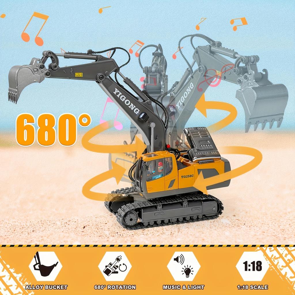 Remote Control Excavator Building Toy for Boys, 1200mAh RC Excavator Toy with Metal Bucket and Lights, 11 Channel Excavator Toy, Birthday Gift