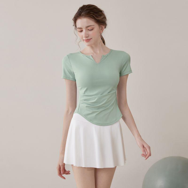 

Одежда для йоги с коротким рукавом женская лето 2025 новинка с нагрудными вкладышами модный костюм для пилатеса, фитнеса, бега, тренировок женский Green Tops [removable chest pad]] L