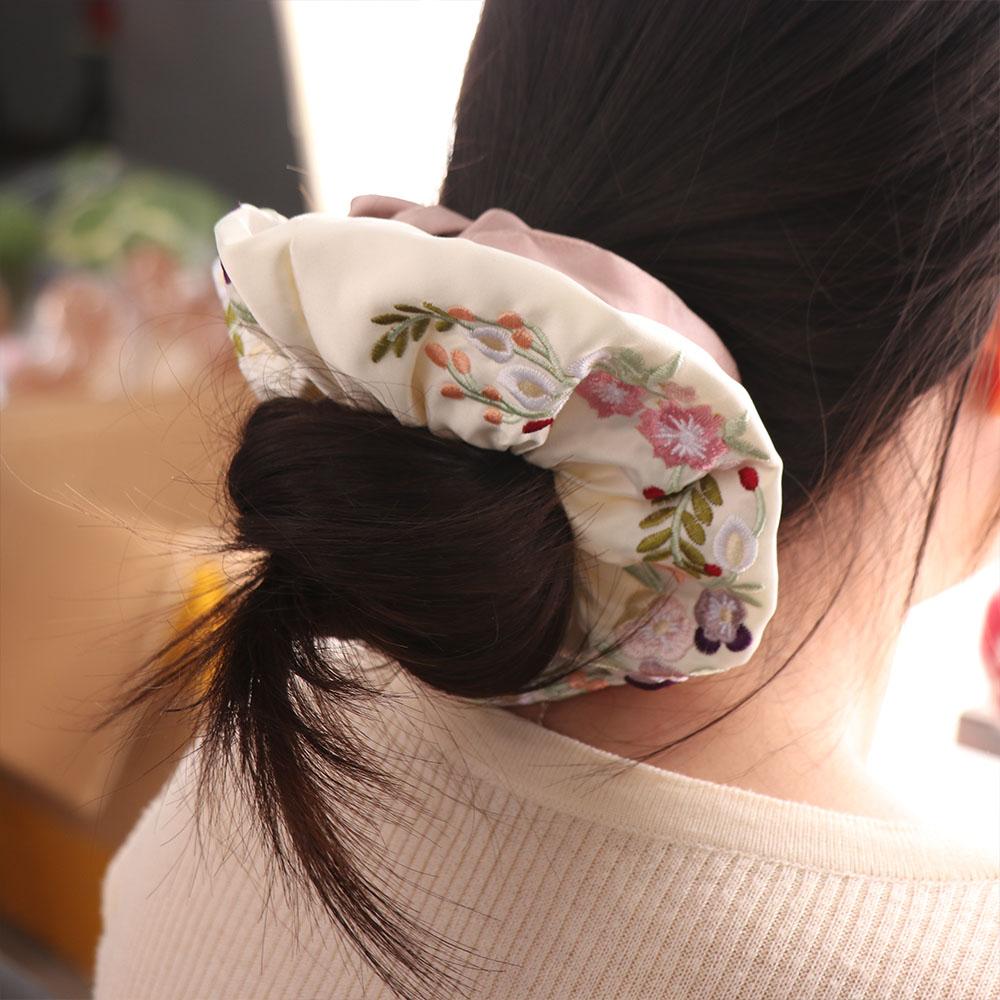 French Style Embroidery Hair Scrunchies Satin Hair Ropes Temperament Floral Scrunchies Daily
