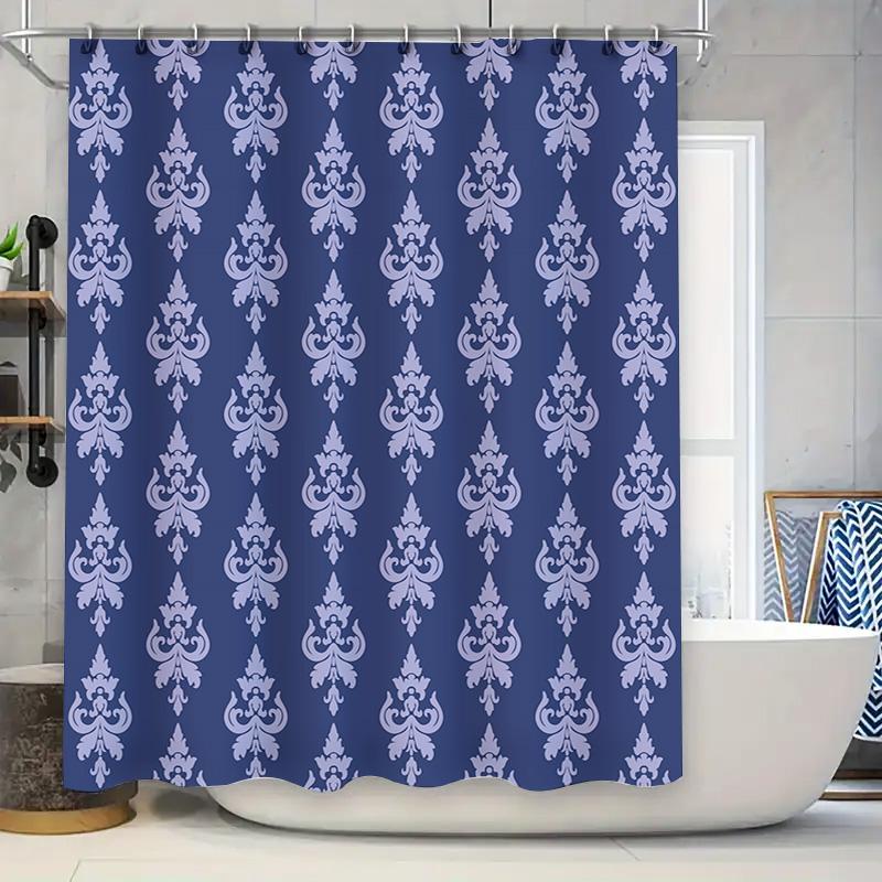 Blue Damask Shower Curtain Set Bathroom Decor Waterproof Fabric 2