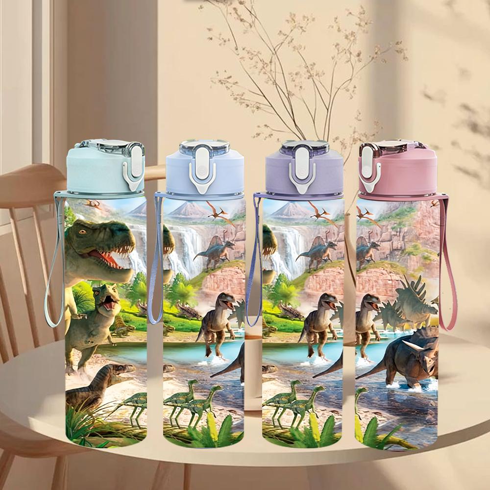 1 Stück Dschungel Wild Dinosaurier Fluss Landschaftliches Layout 750ml Farbe Kunststoff Wasserflasche Auslaufsicher Klappdeckel mit Strohhalm Für Sport Büro Heimgebrauch