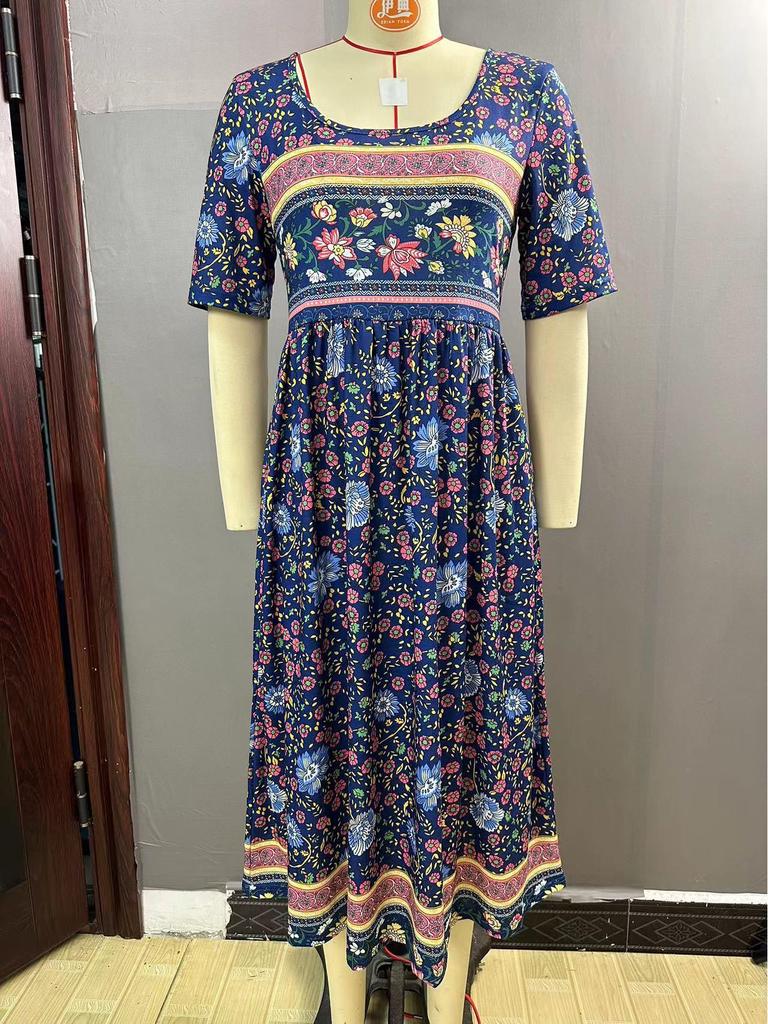 2024 Summer Bohemian Print Women's Maxi Dress with Round Neck and Short Sleeves