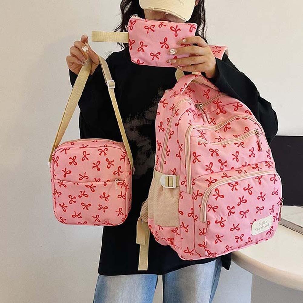 Large Capacity Three-piece School Bag Set Casual Students School Bag Nylon Bow Backpack for Gift