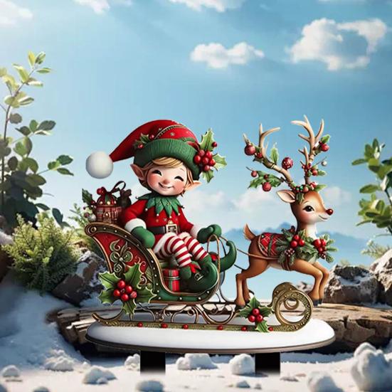 Waterproof Garden Inserts Christmas Elf Stake, Reindeer Sleigh Acrylic Yard Art Ornaments Xmas Outdoor Ornament for Holiday Lawn Flower Bed Decoration