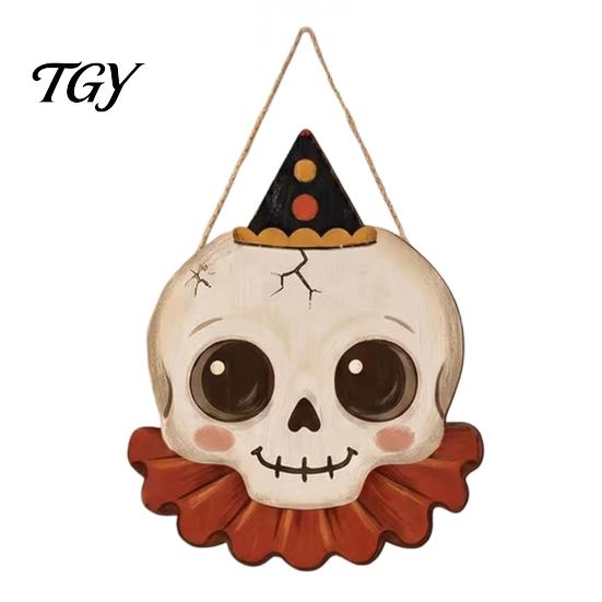 Entrance Door Hanging Decor Halloween Wooden Pendant with Lanyard, Retro Ghost/Pumpkin/Skull/Black Cat Solid Wood Festival Ornaments Decorations