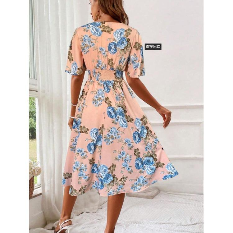 Floral Fairy Dress Elegant V-neck Short Sleeve Long Skirt Waist Cinching Large Size Seaside Vacation Temperament
