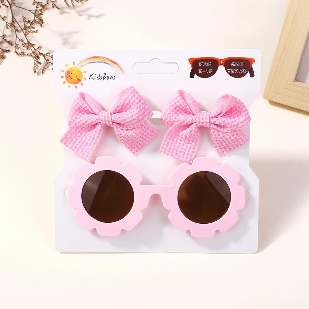 

1 комплект детских головных уборов, очков, однотонных мягких заколок для волос с бантом для девочек, заколка-автомат, ретро круглые солнцезащитные очки, детские аксессуары для волос
