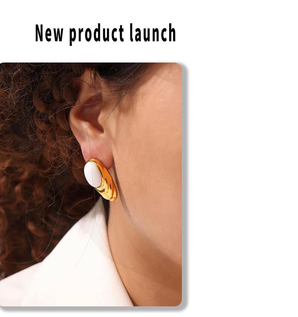 French Oval Water Ripple White Stone Stud Earrings, Stainless Steel PVD Electroplated