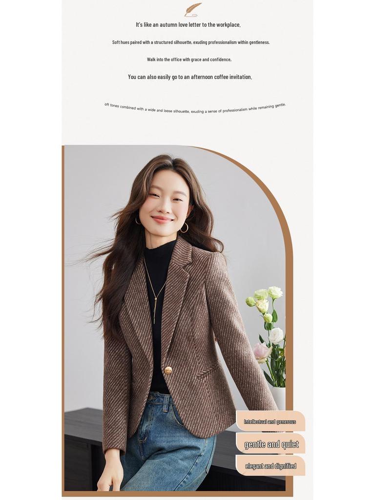 Women's Khaki Striped Wool-Blend Blazer - Slim Fit, Autumn/Winter 2025