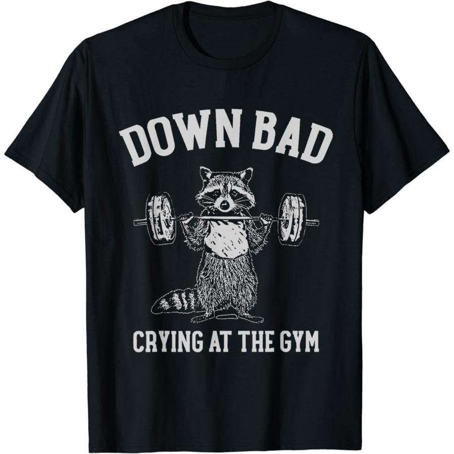 SHAAMOU Down Bad Crying at The Gym Racoon Meme T-Shirt 100% Cotton Graphic T Shirt for Men Women Unisex S