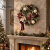 Luxurious Holiday Wreath for Entrance Flocked Christmas with Red Reindeer, Velvet Flocking Hanging Artificial Pine Durable Winter Porch Cones,