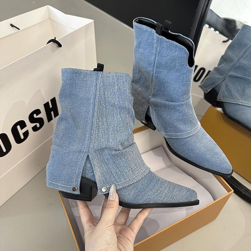 Pants boots fried street short boots new blue thick heel pointed women 2025 summer retro British western cowboy boots