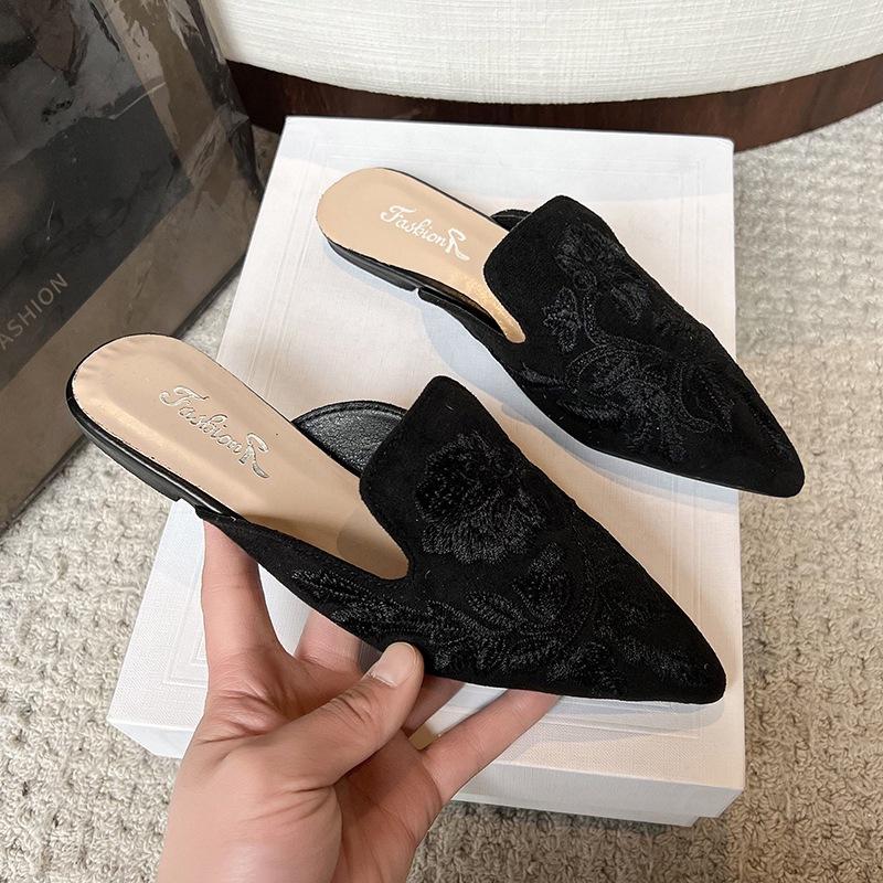 Fashion Summers Embroidery Women Mules Slippers Luxury Fashion Elegant Pointed Toe Slides Shoes Ladies Dress Flats Sandalias2025