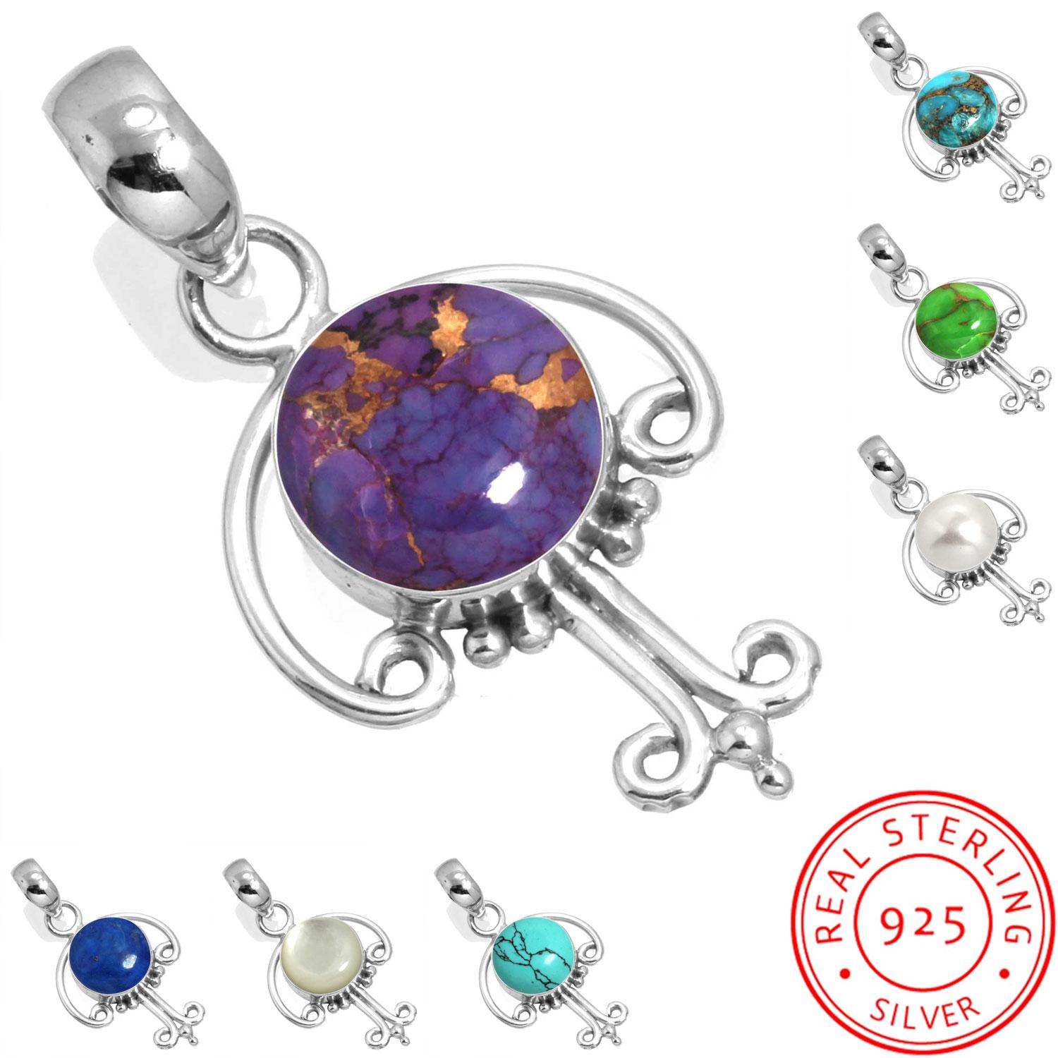 

925 Sterling Silver Pendant Women Gemstone Handmade Jewelry Christmas Gift Blue Green Purple Copper Turquoise Pearl Lapis Mother Of Pearl Costume перламутровий колір