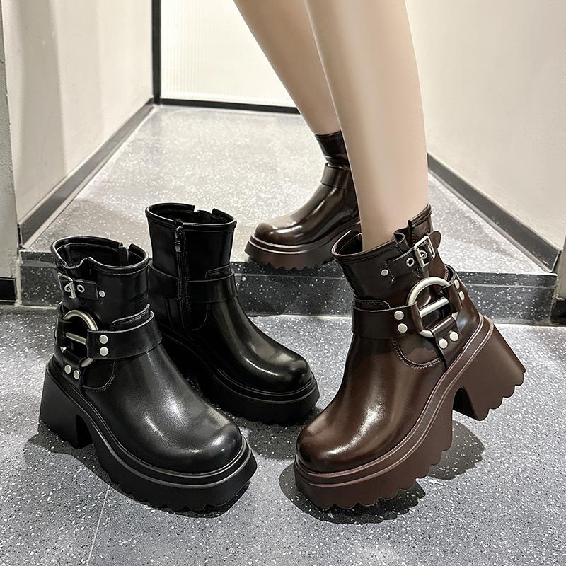 High heels platform Martin boots women's fashion thin boots autumn and winter belt buckle high heels short boots