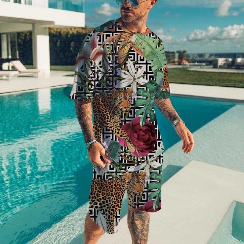 Men's Beach Set Hawaiian T-shirt Vacation Casual Beach Pants Suit Fashion Full Print Tshirt Set Top New Mens Tees Short Two Set
