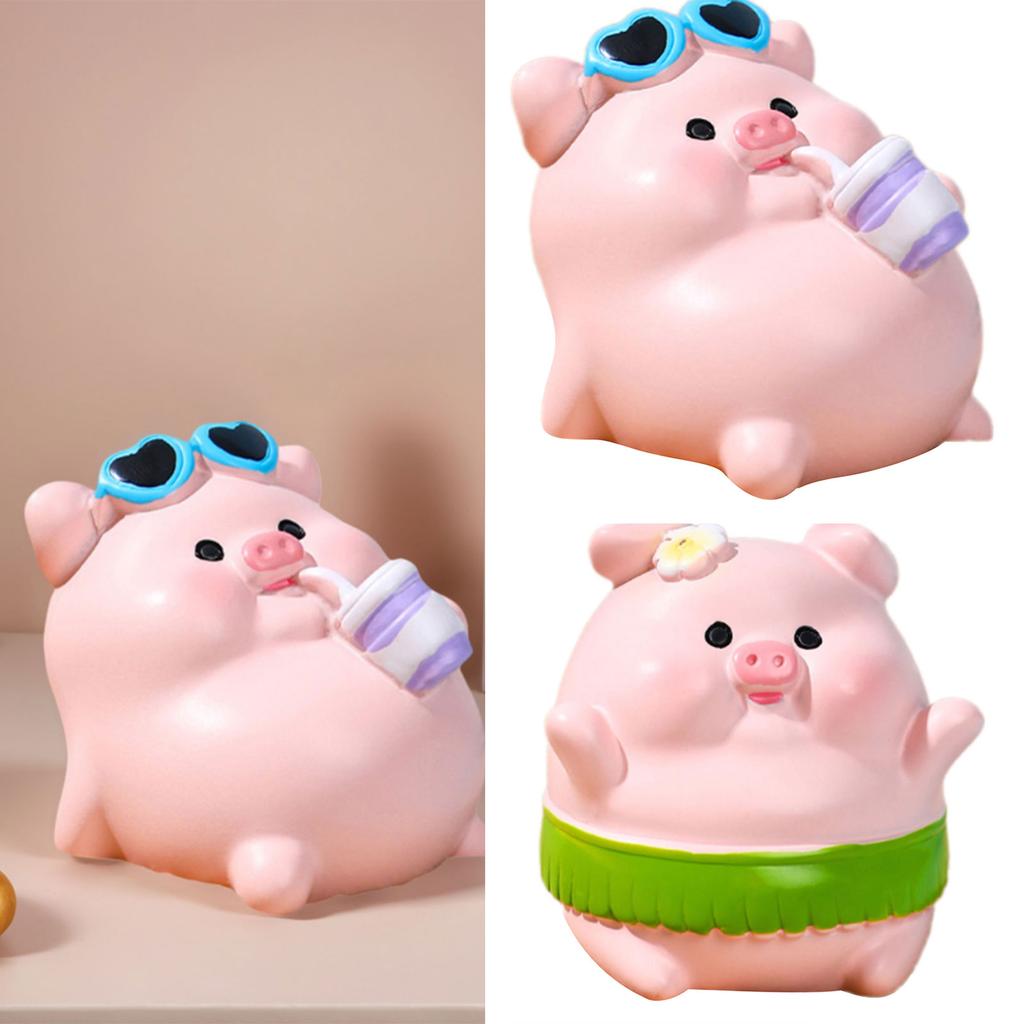 Creative Summer Pig Figurine Beach Themed Desk Decors Resins Animal Miniature Ornament For Home Office Tabletop Shelf