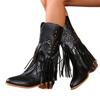 Bottes à talons compensés et épais pour femmes, bottines western à rivets et pompons, en cuir synthétique marron, style cow-boy