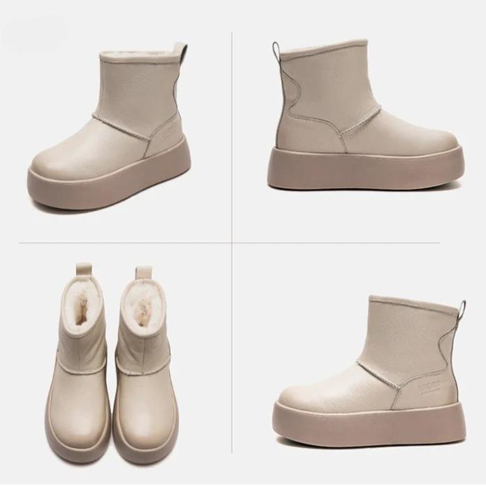 Johnature Versatile Snow Boots Plush Warm Flat Platform Short Boots Genuine Leather Women's Shoes