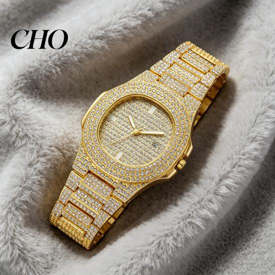 Eye-catching Wristwatch Quartz Watch with Full Diamond Bezel And Dial High Accuracy Sparkling Trendy Hip-Hop Style for Daily Party Fashion Statement