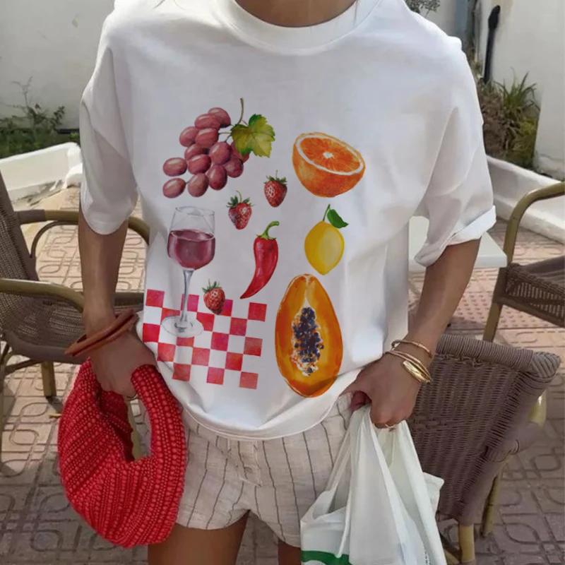 Vintage Cute Fruit Wine Printed Graphic Tees Women Oversized Y2k Aesthetic Foodie TShirts Grunge Streetwear Top FeUnisex Clothing