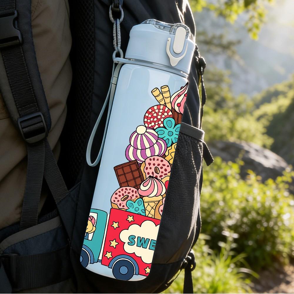 1PC Colorful Ice Cream Truck Cartoon Pattern 750ml Color Plastic Sports Water Bottle Leakproof Flip Straw Lid Suitable for Sports Office Home Use