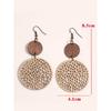 1 Pair Bohemian Hollow Wooden Earrings For Women, Round Wooden Patchwork PU Leather Vintage Ear Jewelry