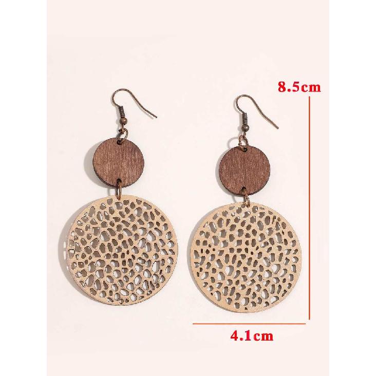 1 Pair Bohemian Hollow Wooden Earrings For Women, Round Wooden Patchwork PU Leather Vintage Ear Jewelry